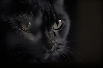 Portrait of a black cat with big eyes on a dark background. Generative AI.