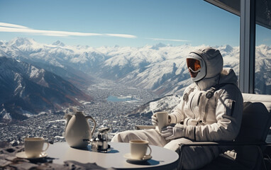 mężczyzna odpoczywający w słoneczny dzień na tarasie widokowym oglądając panoramę gór - obrazy, fototapety, plakaty