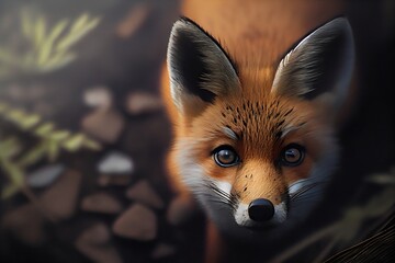 Portrait of a red fox in the forest, 3d render. Generative AI.