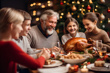 Obraz na płótnie Canvas The family gathered at the festive Christmas table with turkey