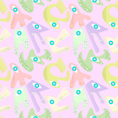 Psychedelic seamless colorful pattern with funny geometry characters with eyes