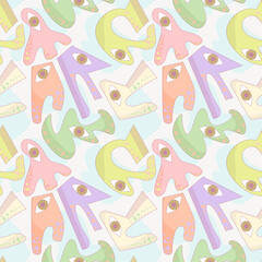 Psychedelic seamless colorful pattern with funny geometry characters with eyes