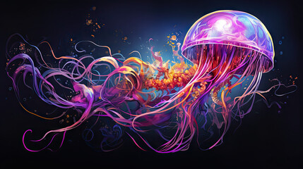  a colorful jellyfish floating in the air with a black background.  generative ai