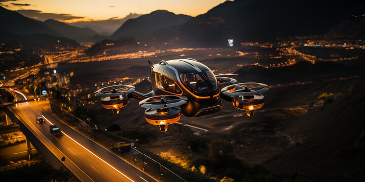 Futuristische moderne Luft Taxi Drohne für Passagiere im Querformat für Banner, ai generativ