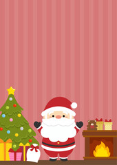 サンタクロースのクリスマスカード、背景ストライプ柄の赤色、コピースペースあり