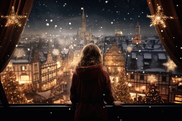 Young woman looking at Christmas's day light festival.