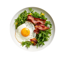 Fototapeta na wymiar Fried eggs and bacon on a plate isolated over transparent background.