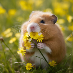 a hamster with cheeks that eats a dandelion in a field of flowers