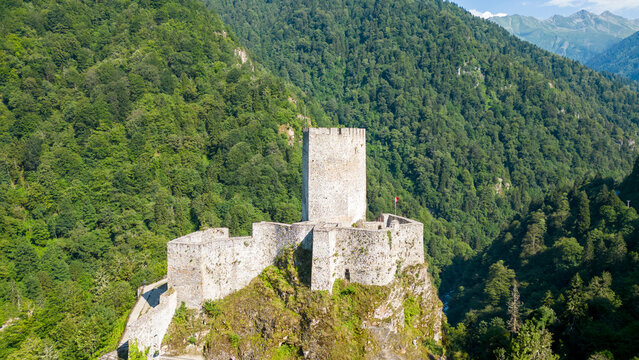 Zil castle. Historical castle located in Rize, Turkey. Medieval castle located in the Firtina Valley. aerial view