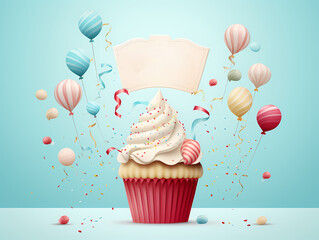 many balloons gift boxes, candy cane and confetti isolated around banner for happy birthday party.space for text. cupcake or muffin with candles isolated. generative ai