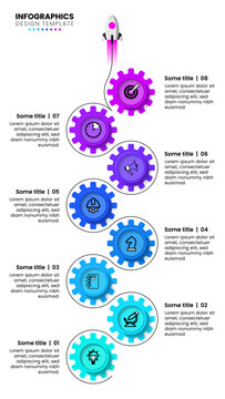 Infographic template. Vertical line with 8 steps and gears