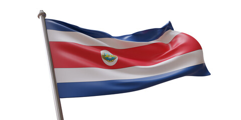 Costa Rica flag waving isolated on white transparent background, PNG.