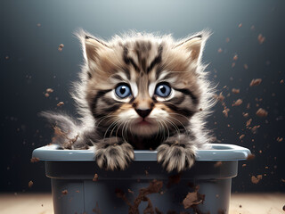 adorable little kitty cat in dirty litter isolated. ginger kitten with amazed shocked eyes,dirt in splash.generative ai domestic pet  - obrazy, fototapety, plakaty