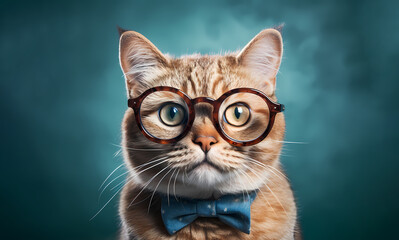 smart fluffy cat kitty wearing glasses isolated on white background generative ai. teacher kitten intelligent high iq - obrazy, fototapety, plakaty