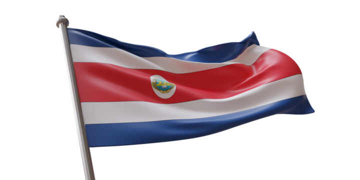Costa Rica flag waving isolated on white transparent background, PNG. - Powered by Adobe