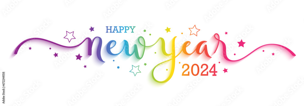 Poster happy new year 2024 colorful vector brush calligraphy banner with rainbow gradient on white backgrou - Posters
