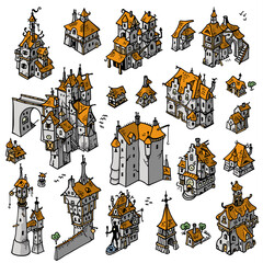 Strange Fantasy City and Line Art Building Hand Draw Vector Illustrations, Trees, 
Map Builder
