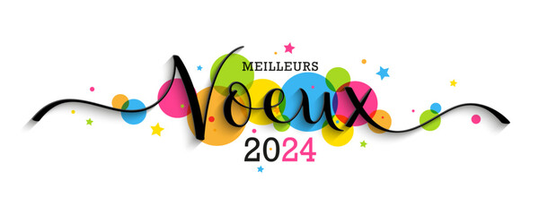 MEILLEURS VOEUX 2024 (HAPPY NEW YEAR 2024 in French)  black vector brush calligraphy banner with colorful circles on white background