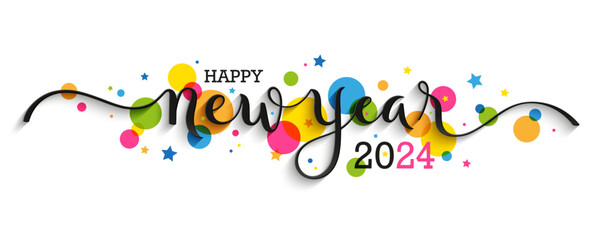 HAPPY NEW YEAR 2024 black vector brush calligraphy banner with colorful circles on white background