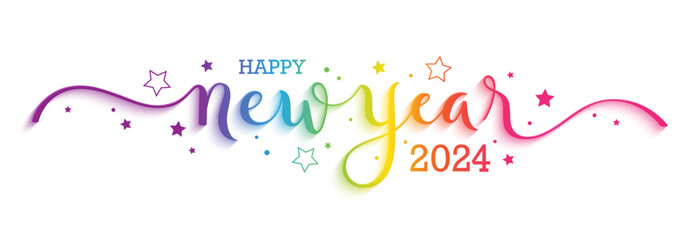 HAPPY NEW YEAR 2024 colorful vector brush calligraphy banner with rainbow gradient on white background - obrazy, fototapety, plakaty