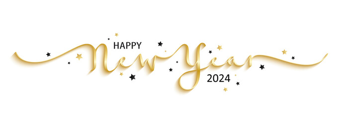 HAPPY NEW YEAR 2024 metallic gold vector brush calligraphy banner with black and gold on white background
