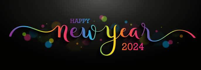 HAPPY NEW YEAR 2024 rainbow gradient vector brush calligraphy banner with bokeh on black background