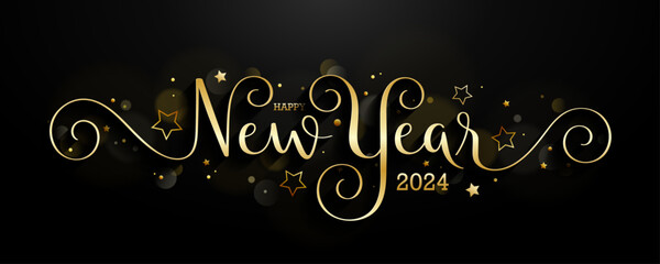HAPPY NEW YEAR 2024 gold vector brush calligraphy banner with gold stars on black background