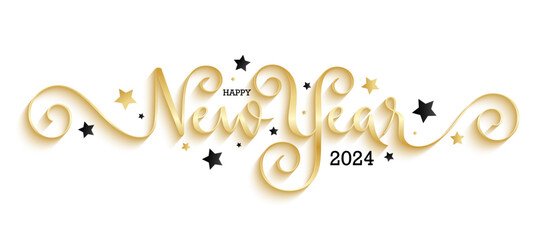 HAPPY NEW YEAR 2024 gold vector brush calligraphy banner with black and gold stars on white background