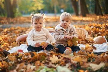 Front view. Two cute little kids are sitting in the park on the autumn fallen leaves and butternut...