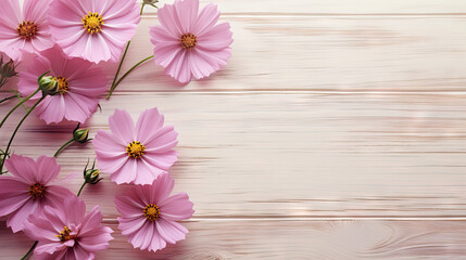  a bunch of pink flowers on a white wooden background with copy space.  generative ai