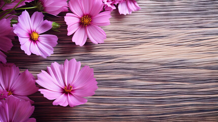  a bunch of pink flowers sitting on top of a wooden table.  generative ai