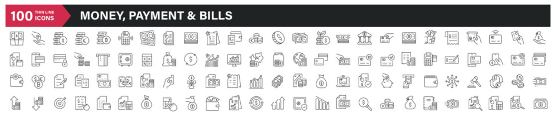 Money, payment and bills thin line icons. Editable stroke. For website marketing design, logo, app, template, ui, etc. Vector illustration. - obrazy, fototapety, plakaty