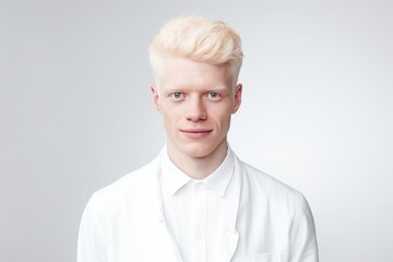 Obraz premium Portrait of albino male model with pale skin and white hair over light grey background