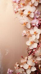Light brown textured background surrounded by orchid and jasmine flowers from top view with space for text, background image, AI generated
