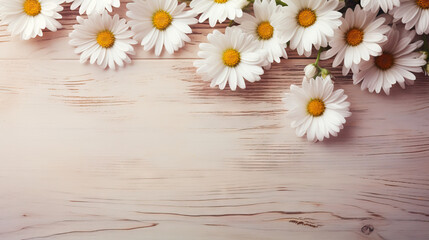  a bunch of white daisies on a wooden background with space for text.  generative ai