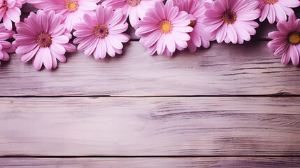  a bunch of pink daisies on a wooden surface with space for text.  generative ai