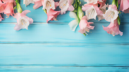  pink and white flowers on a blue wooden background with space for text.  generative ai