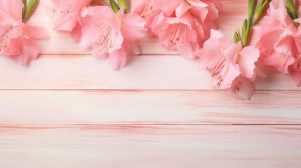  pink flowers on a wooden background with space for a text.  generative ai
