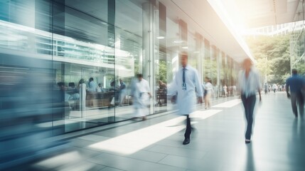 Fototapeta premium blurred doctors and patients walking in hall of modern office or medical institution hospital