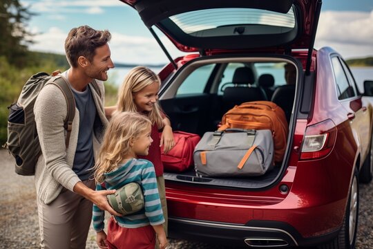 Happy family loading the car with suitcases, about to go on vacation.