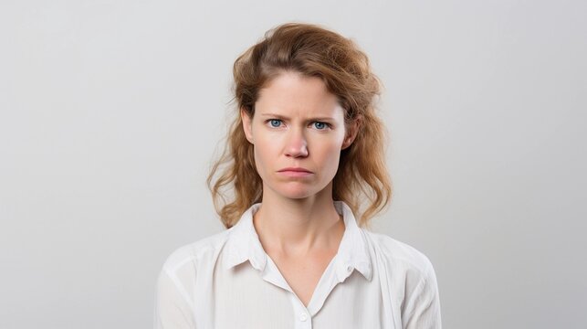Portrait of a woman with a disappointed expression against white background with space for text, background image, AI generated