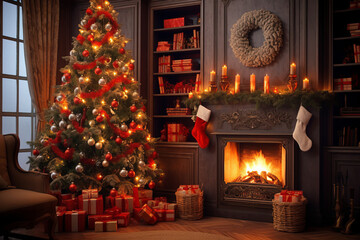 Festive Hearth: Christmas Tree with Toys in the Living Room with a Fireplace