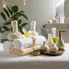Fototapeta na wymiar Towels with herbal bags and beauty treatment items setting in spa center in white room