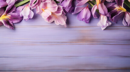  a bunch of purple flowers on a wooden table with a purple background.  generative ai