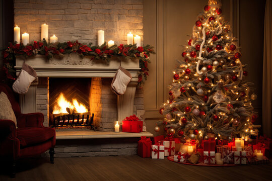 Festive Hearth: Christmas Tree with Toys in the Living Room with a Fireplace