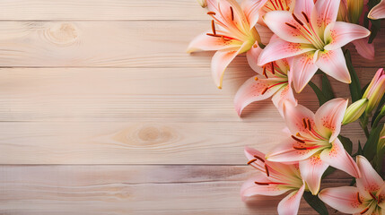 a bunch of pink lilies on a wooden background with space for text.  generative ai