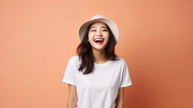 Portrait of an asian female wearing t-shirt and hat with Overjoyed and Thrilled expression against pastel background with space for text, background image, AI generated