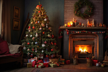 Fototapeta na wymiar Festive Hearth: Christmas Tree with Toys in the Living Room with a Fireplace