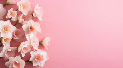  a bunch of pink flowers on a pink background with space for text. generative ai