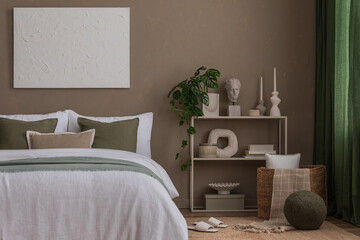 Interior design of warm bedroom interior with mock up poster frame, white and green bedding, beige rack, brown wall, round coffee table, braided rug and personal accessories. Home decor. Template.